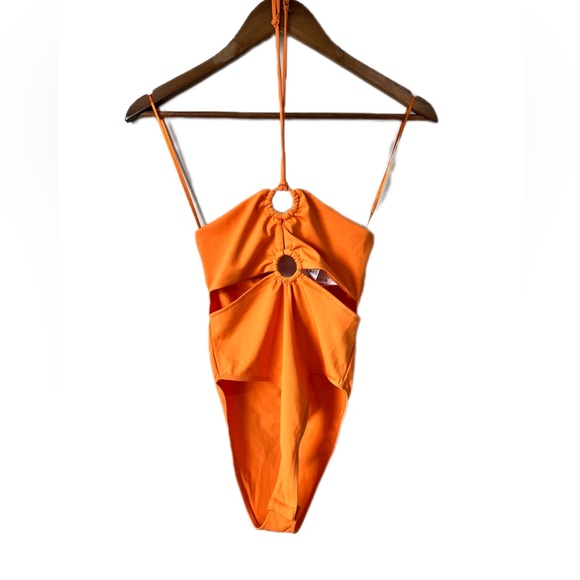 Zara Swim Zara Cut Out Halter Orange One Piece Bathing Suit Sz S
